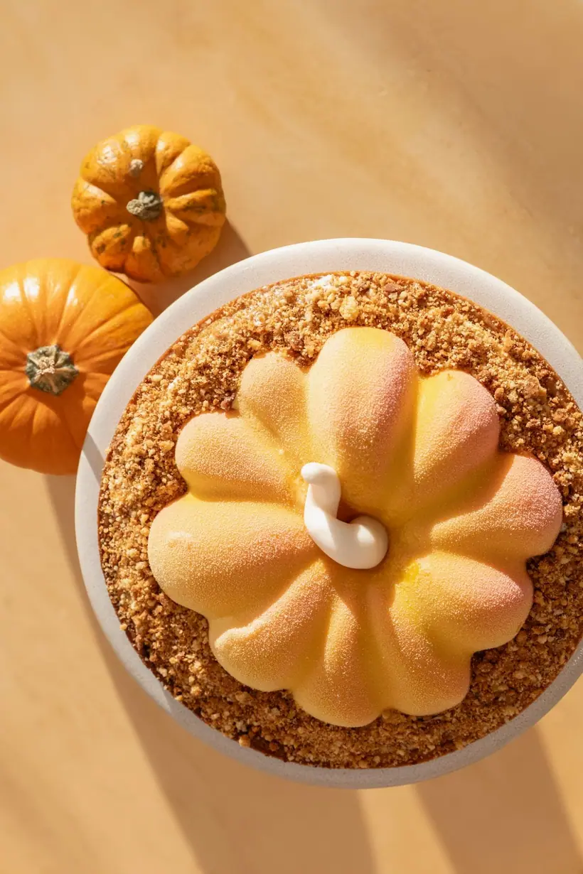 Entremets en forme de citrouille, glaçage velours orangé sur un fond de streusel, pour l'automne et Halloween