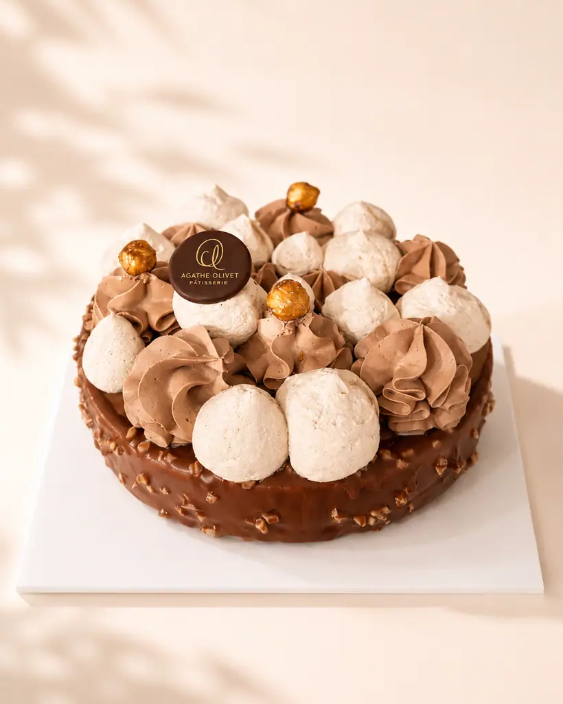 Pailleté, entremets chocolat au lait et praliné au glaçage craquant aux éclats d'amandes