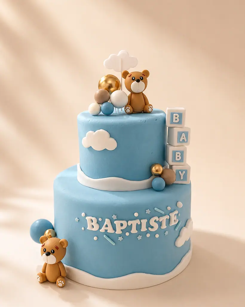 Cake design bleu décoré d’oursons, sur mesure